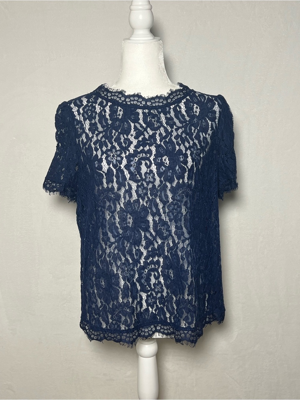 ALLEGRA K Semi Sheer Floral Lace Blouse in Navy Blue - size L